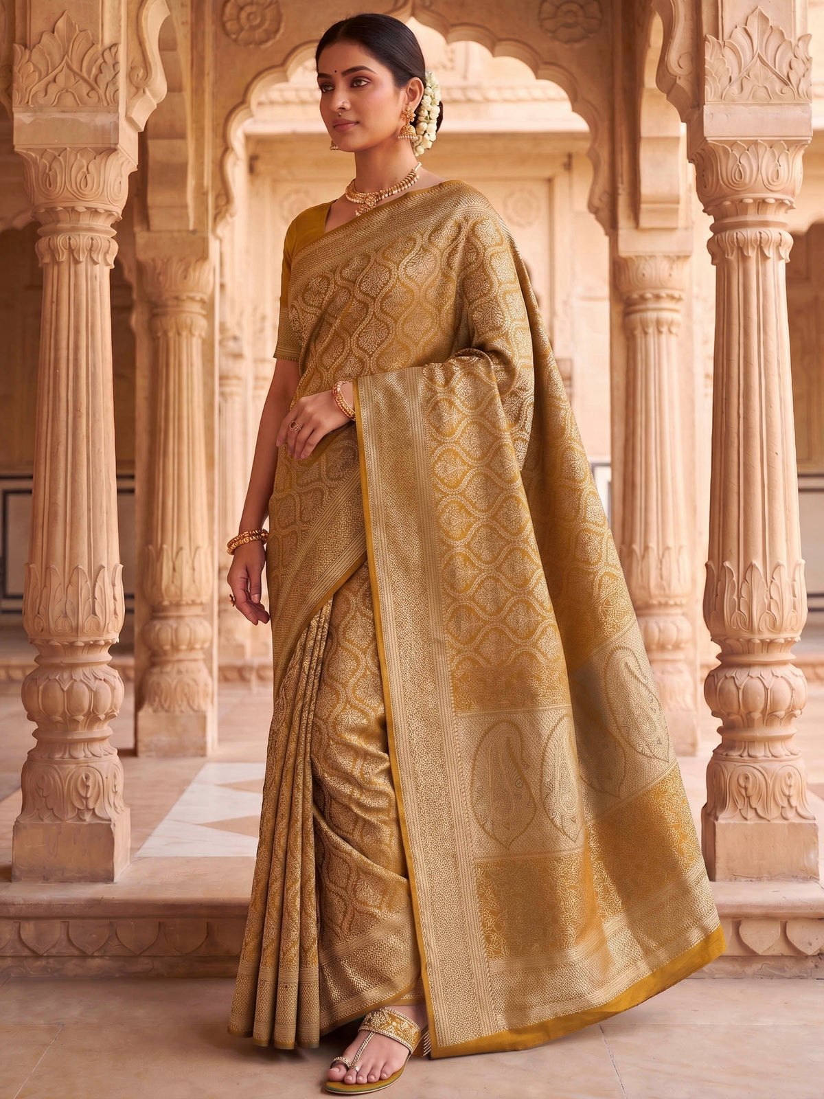 Mustard Woven Design Art Silk Kanjivaram Saree