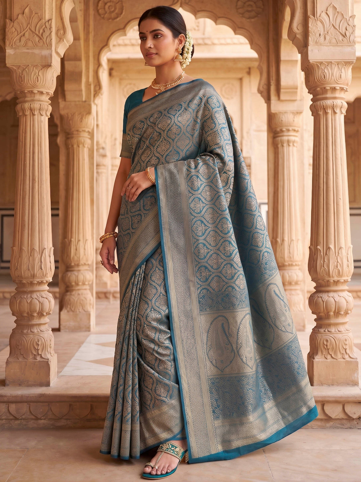Peacock Blue Woven Design Art Silk Kanjivaram Saree