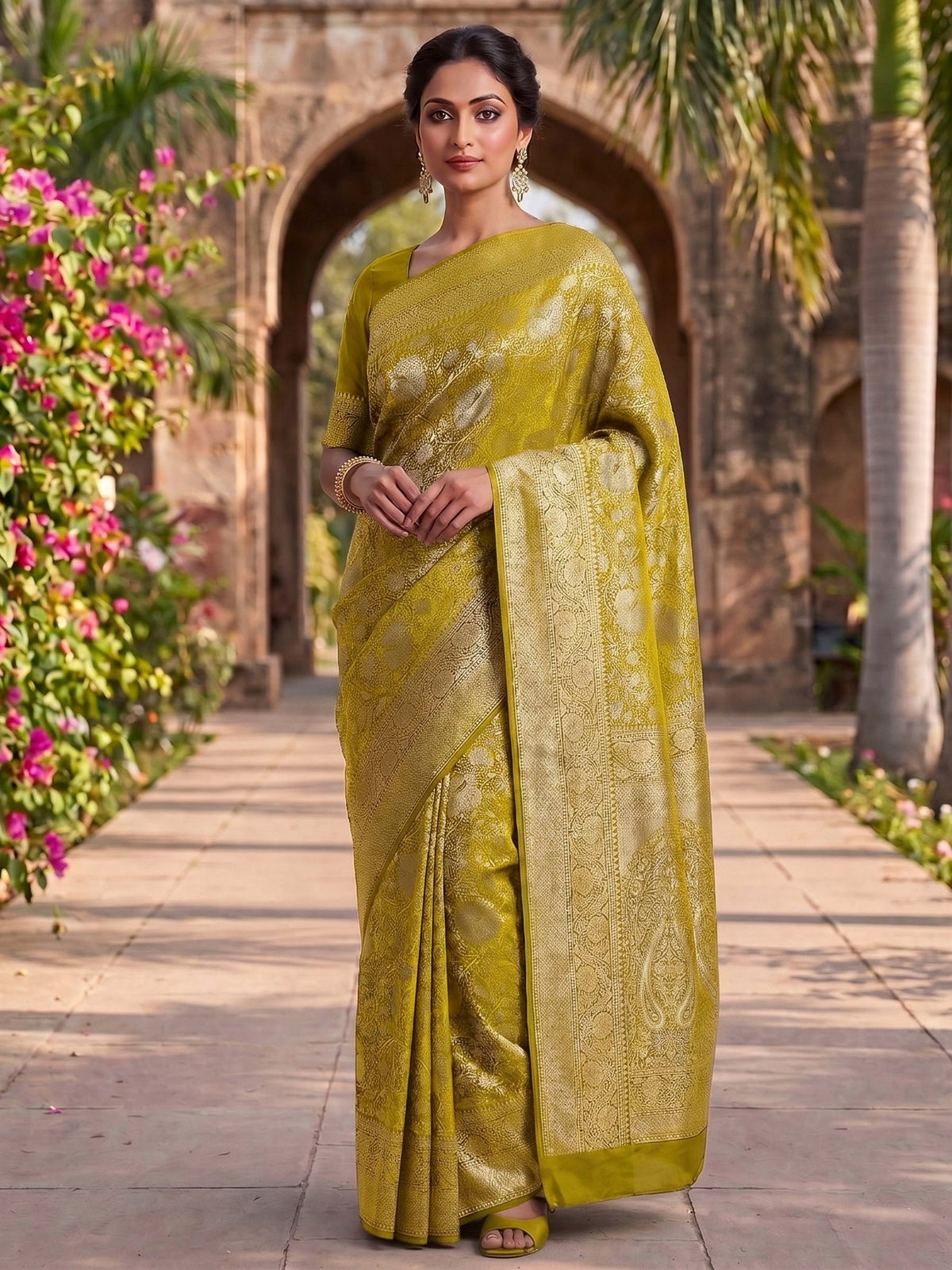 Olive Green Woven Design Art Silk Kanjivaram Saree