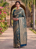 Peacock Blue Woven Design Art Silk Kanjivaram Saree