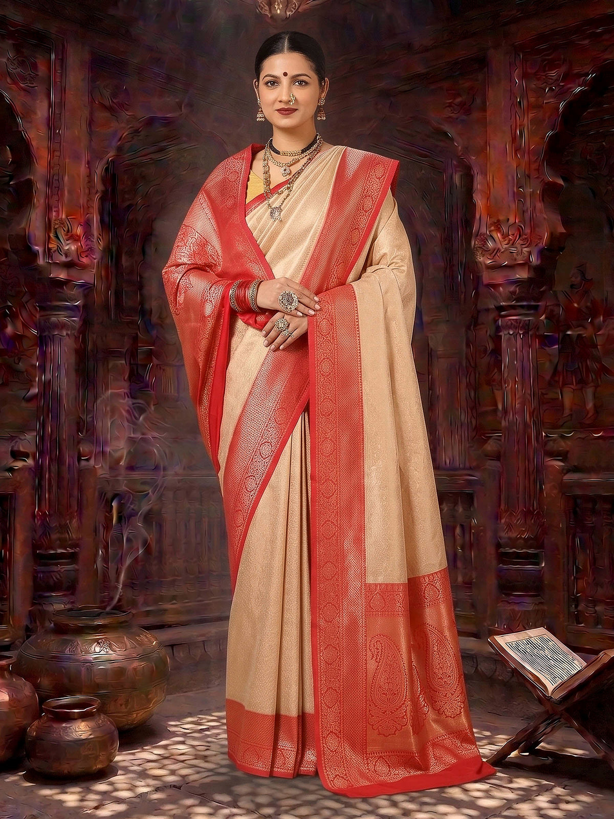 Off White Red Woven Design Kanjivaram Brocade Contrast Saree