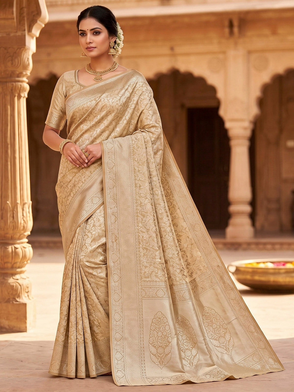 Beige Woven Design Art Silk Kanjivaram Saree