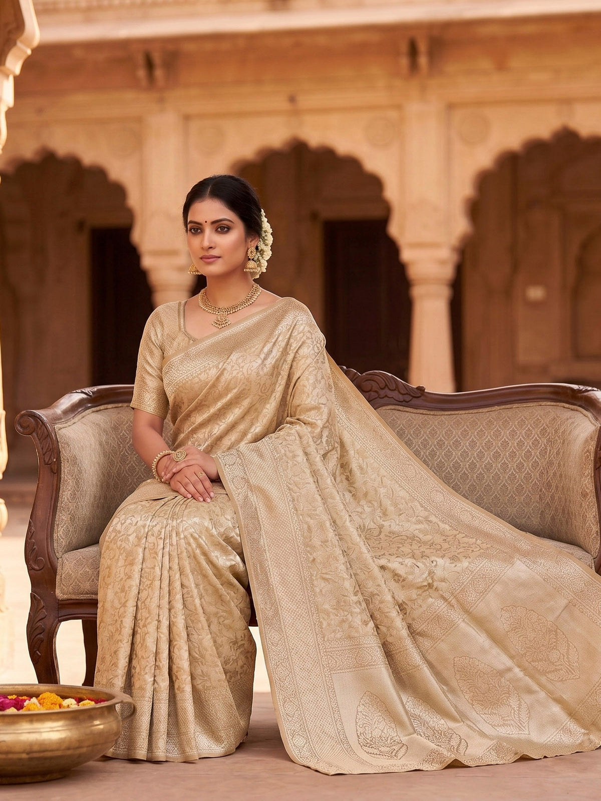 Beige Woven Design Art Silk Kanjivaram Saree