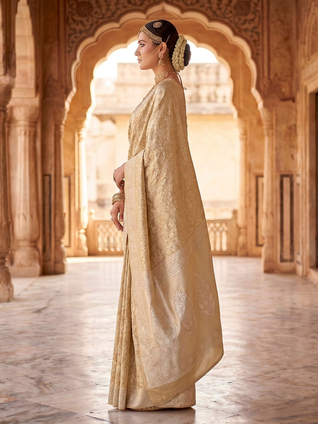 Beige Woven Design Art Silk Kanjivaram Saree