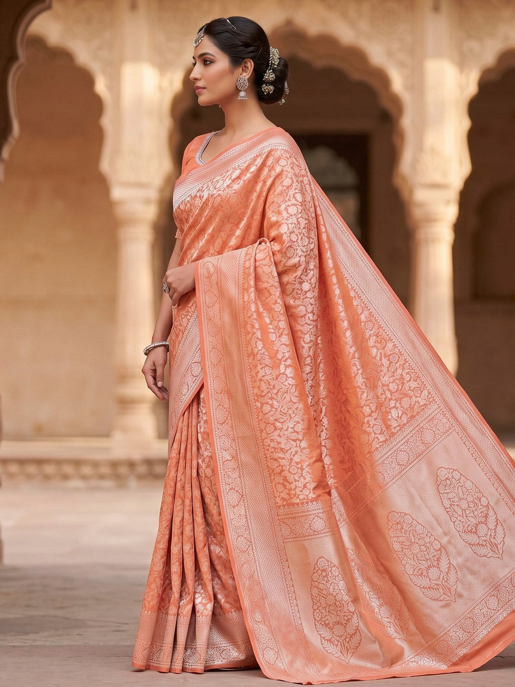 Peach Woven Design Art Silk Kanjivaram Saree