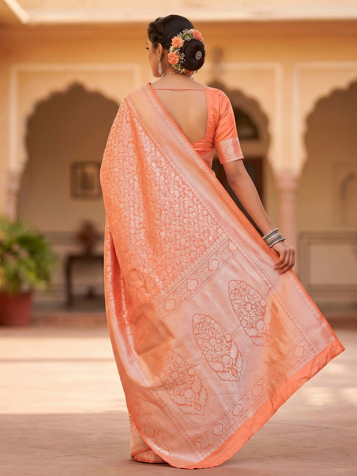 Peach Woven Design Art Silk Kanjivaram Saree