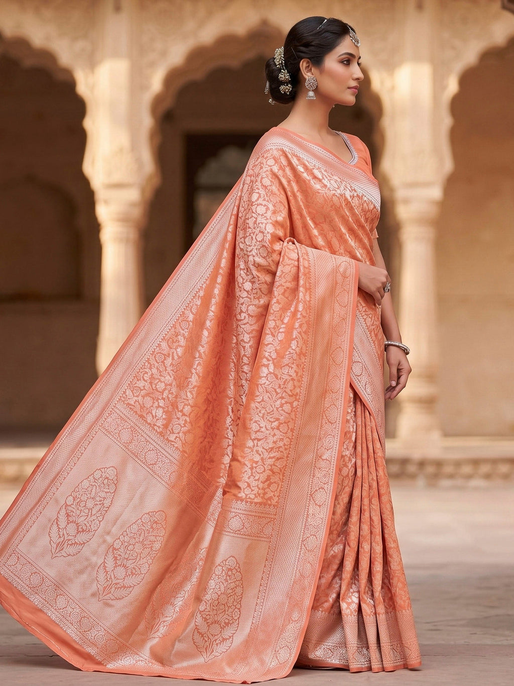 Peach Woven Design Art Silk Kanjivaram Saree