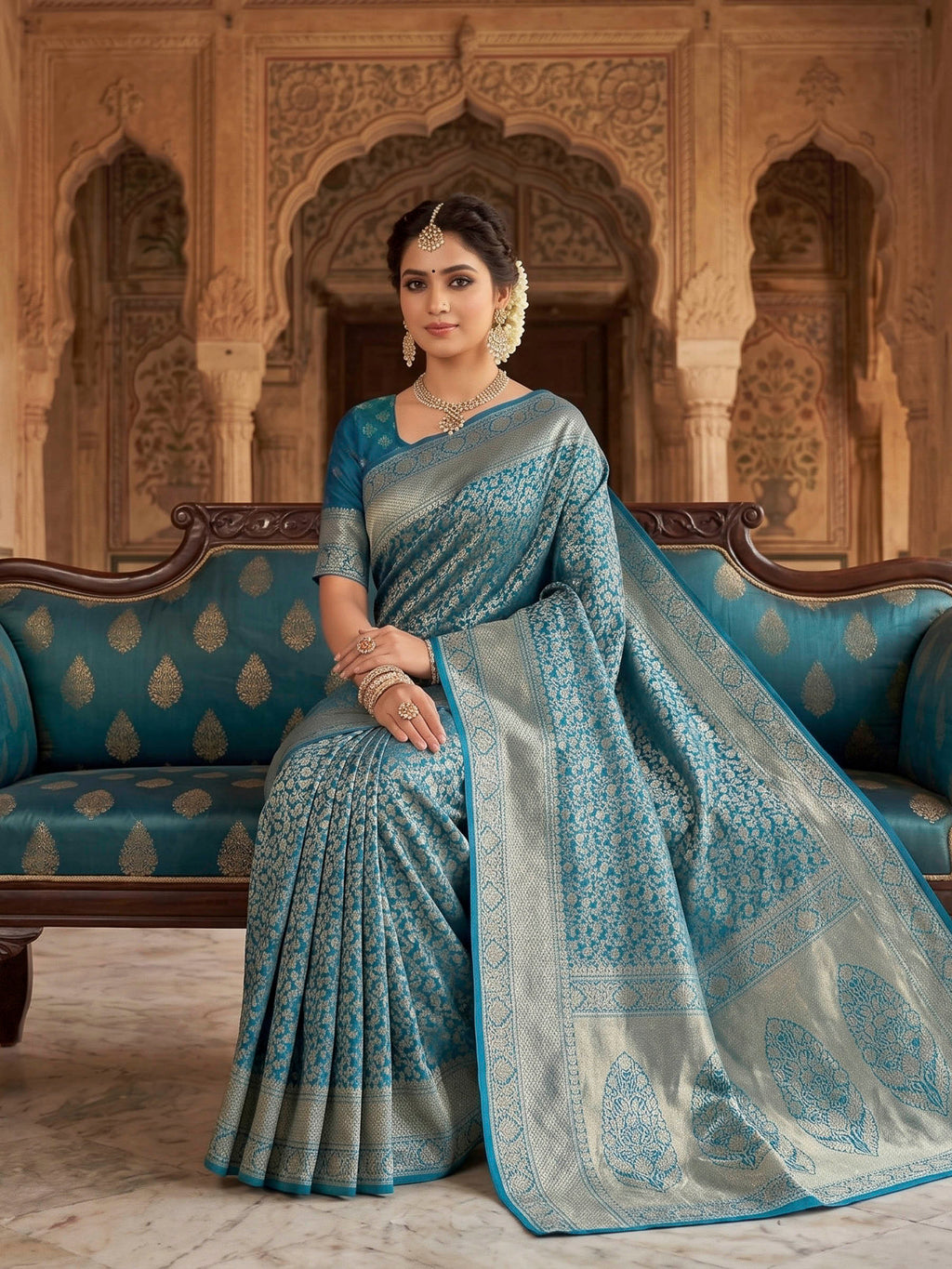 Royal Blue Woven Design Art Silk Kanjivaram Saree
