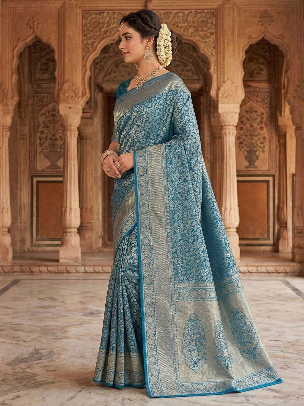 Royal Blue Woven Design Art Silk Kanjivaram Saree