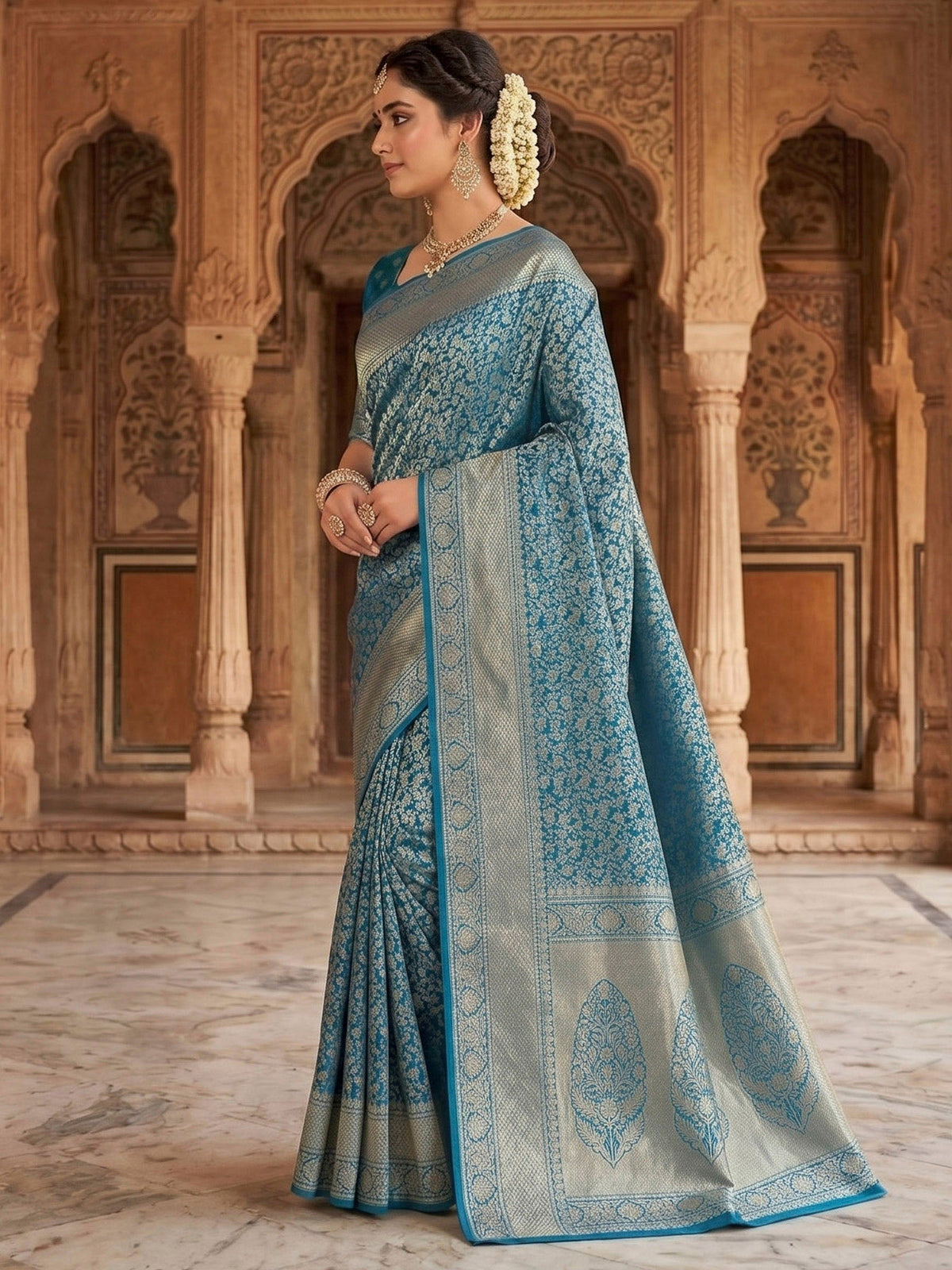 Royal Blue Woven Design Art Silk Kanjivaram Saree