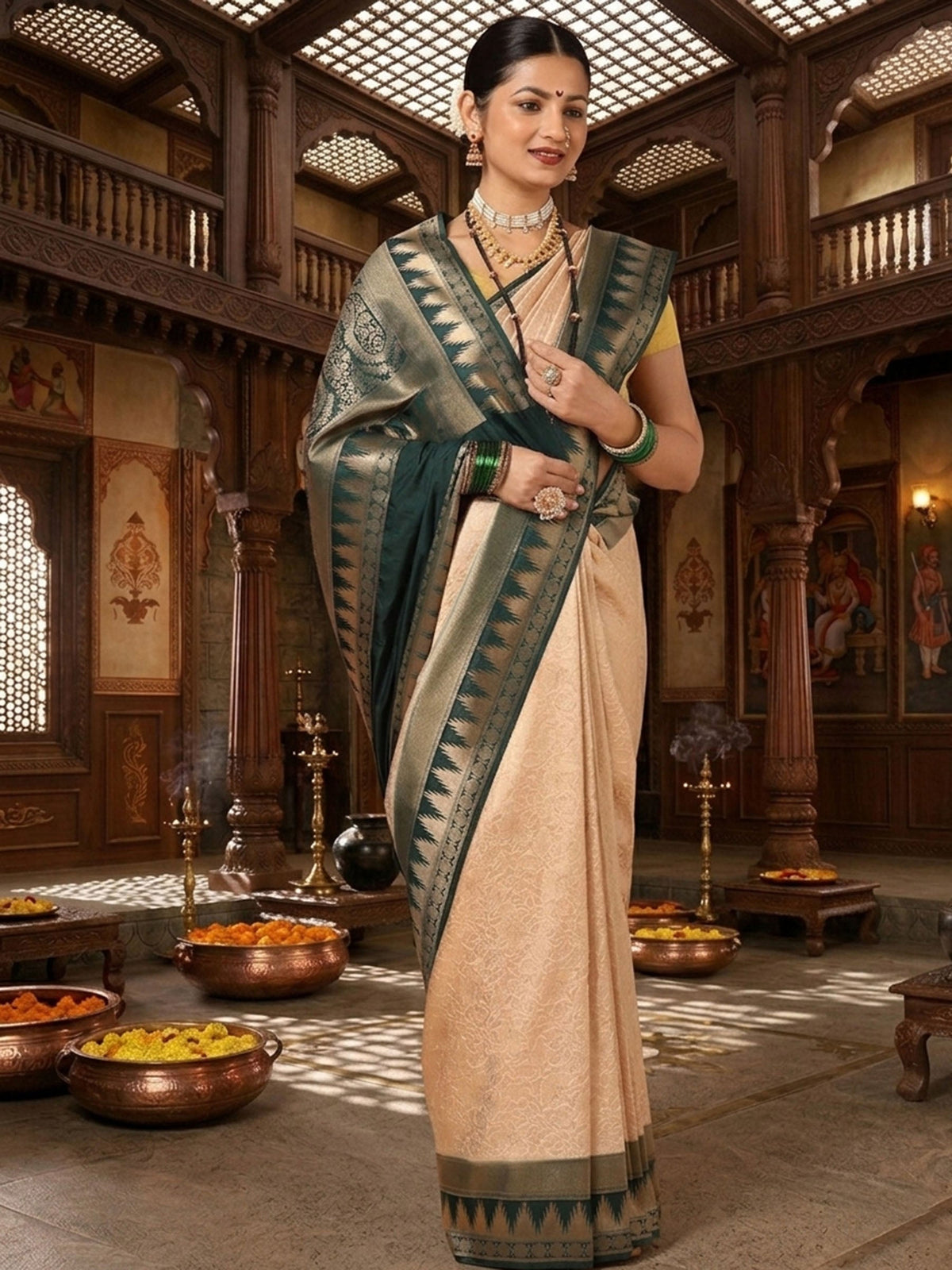 Off White Dark Green Woven Design Kanjivaram Brocade Contrast Saree