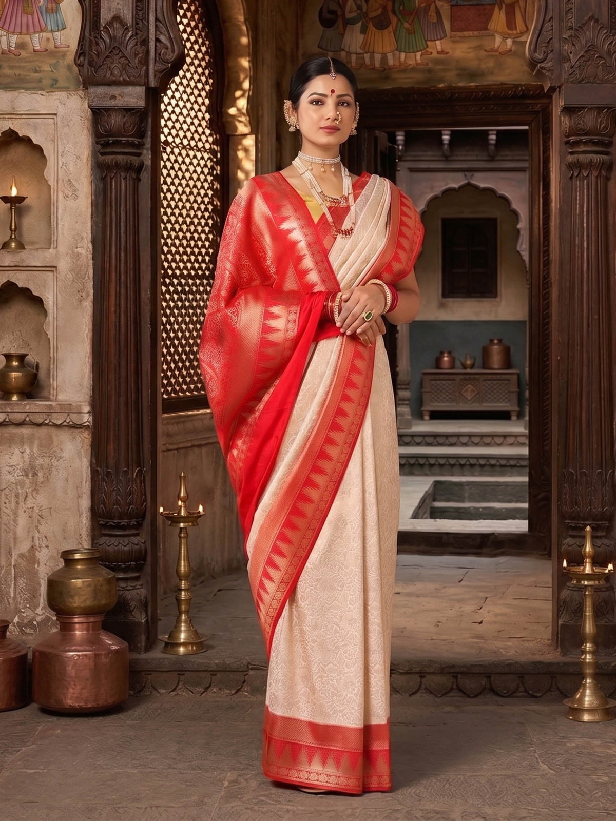 Off White Red Woven Design Kanjivaram Brocade Contrast Saree