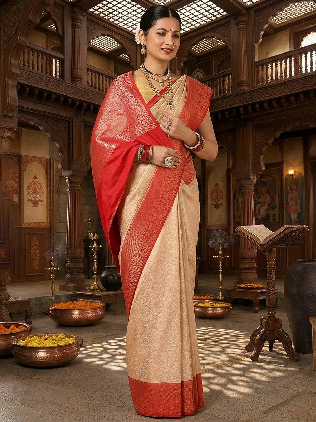Off White Red Woven Design Kanjivaram Brocade Contrast Saree