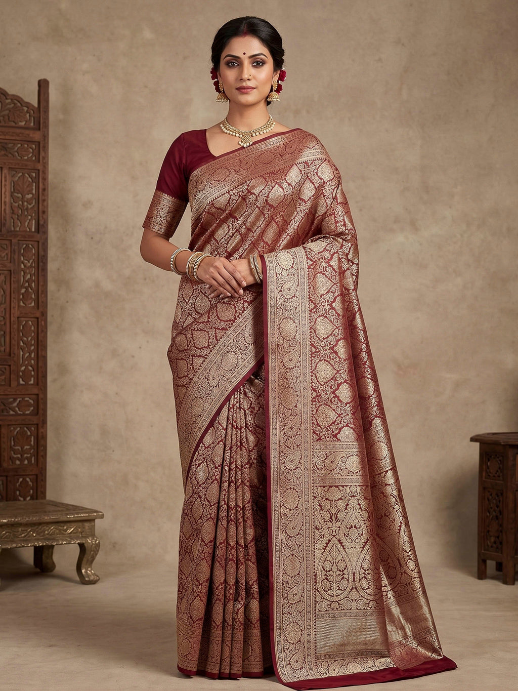 Maroon Woven Design Art Silk Kanjivaram Saree