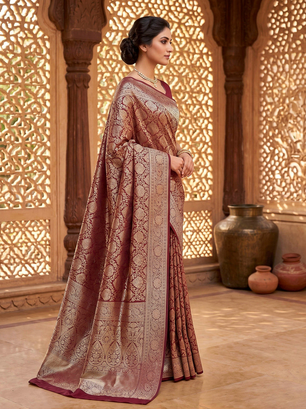 Maroon Woven Design Art Silk Kanjivaram Saree