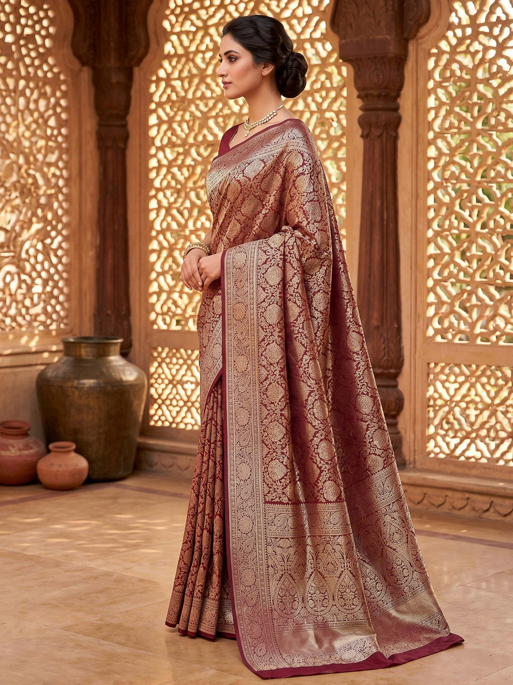 Maroon Woven Design Art Silk Kanjivaram Saree