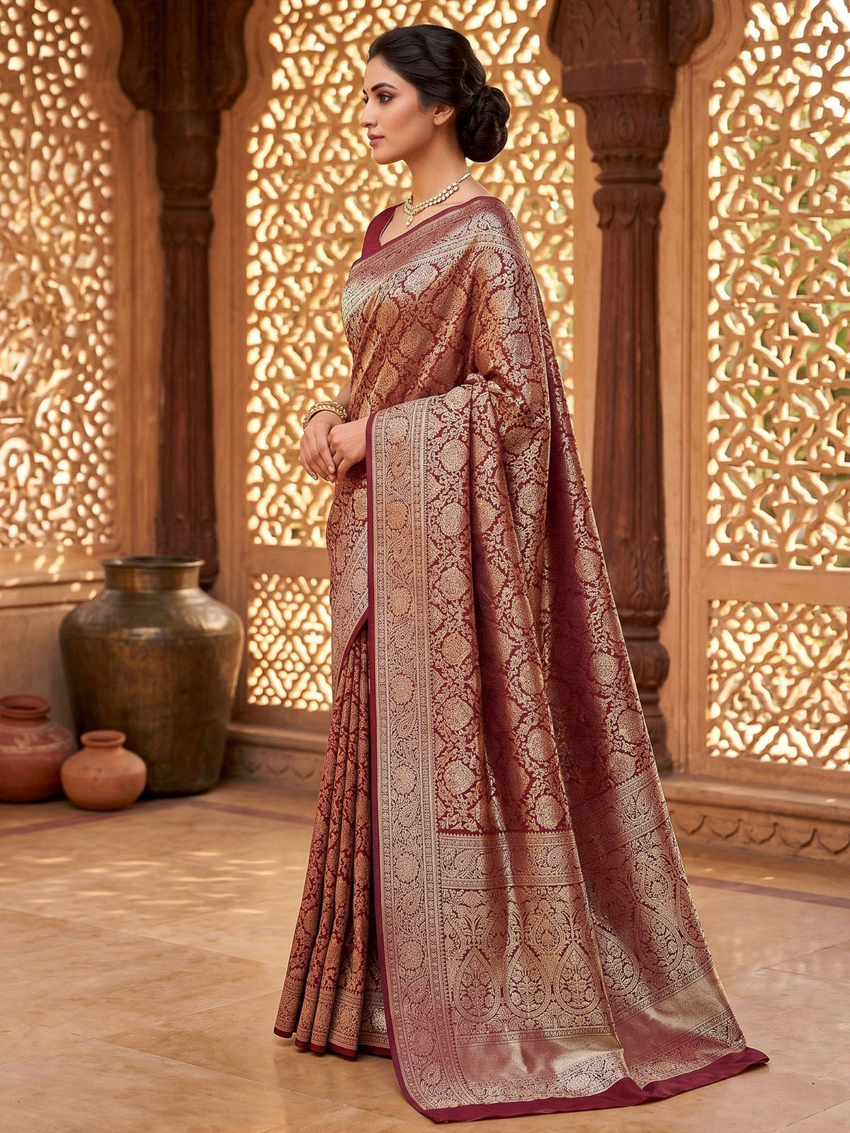 Maroon Woven Design Art Silk Kanjivaram Saree