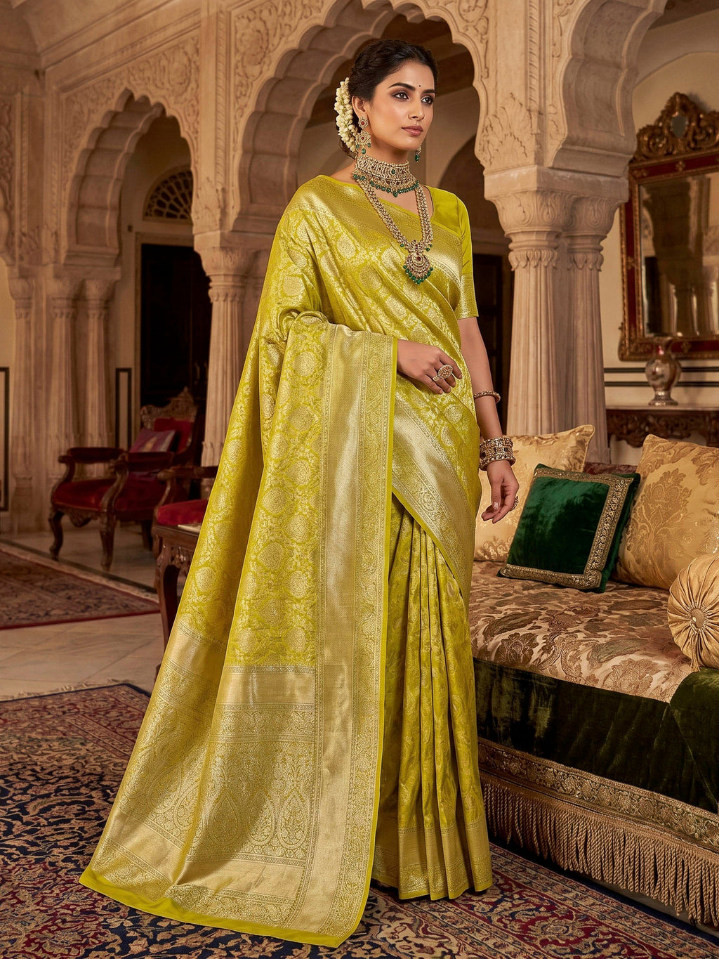 Olive Green Woven Design Art Silk Kanjivaram Saree