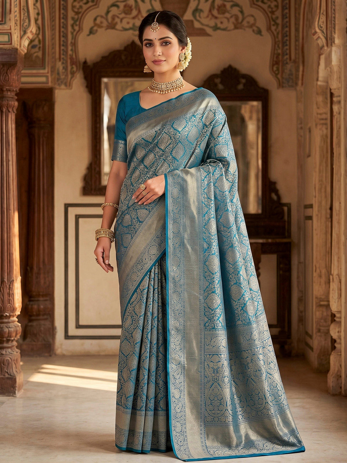 Peacock Blue Woven Design Art Silk Kanjivaram Saree