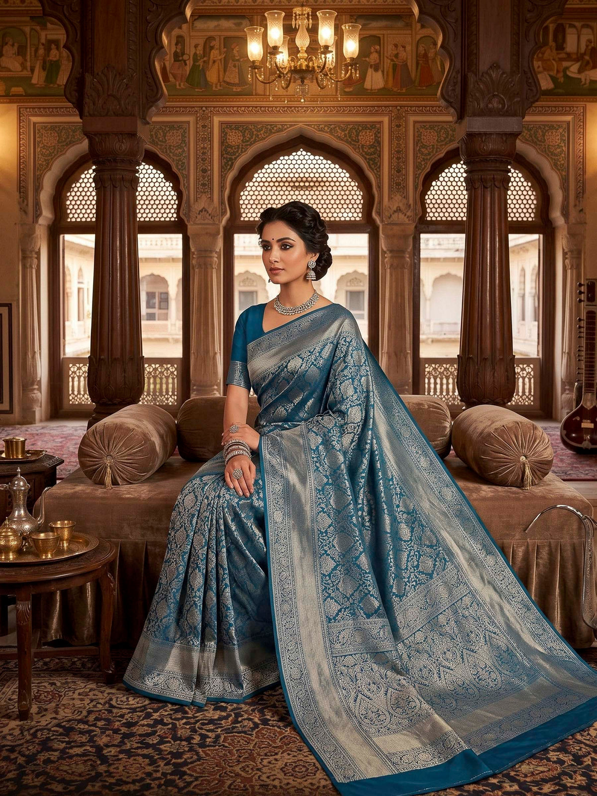 Peacock Blue Woven Design Art Silk Kanjivaram Saree
