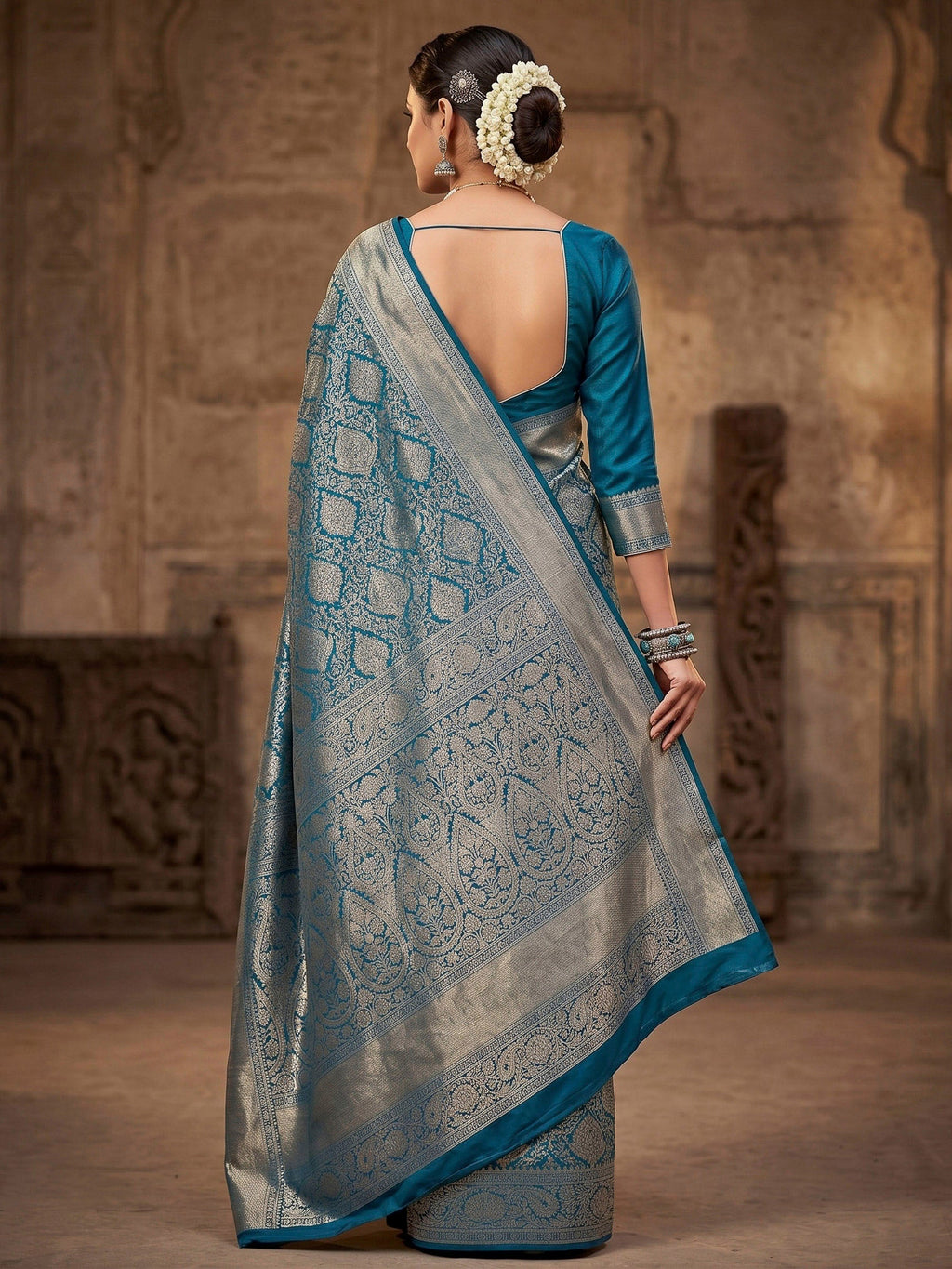 Peacock Blue Woven Design Art Silk Kanjivaram Saree
