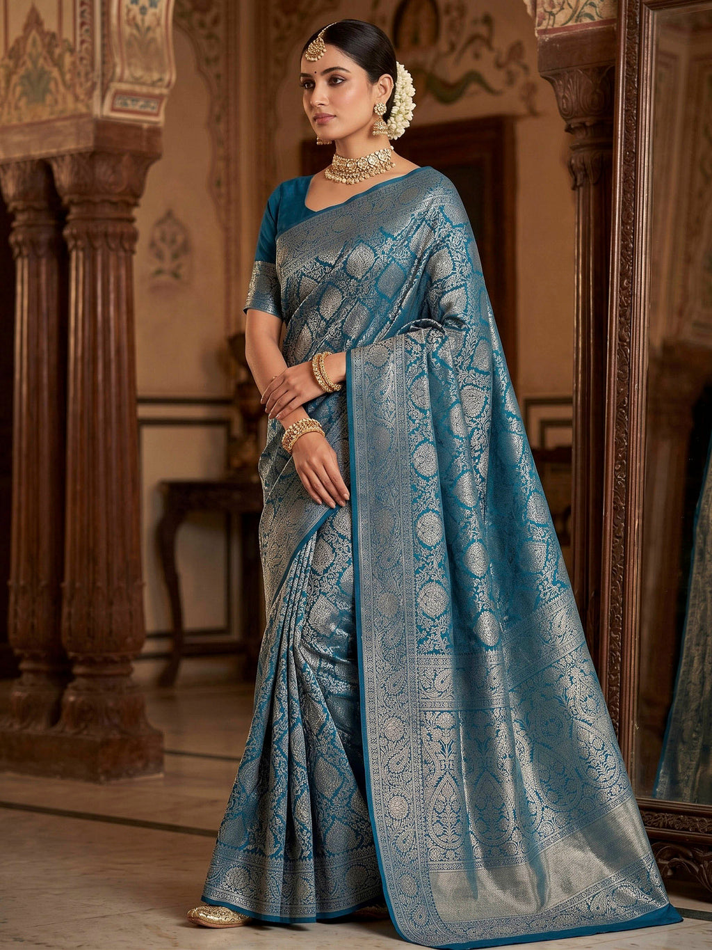 Peacock Blue Woven Design Art Silk Kanjivaram Saree