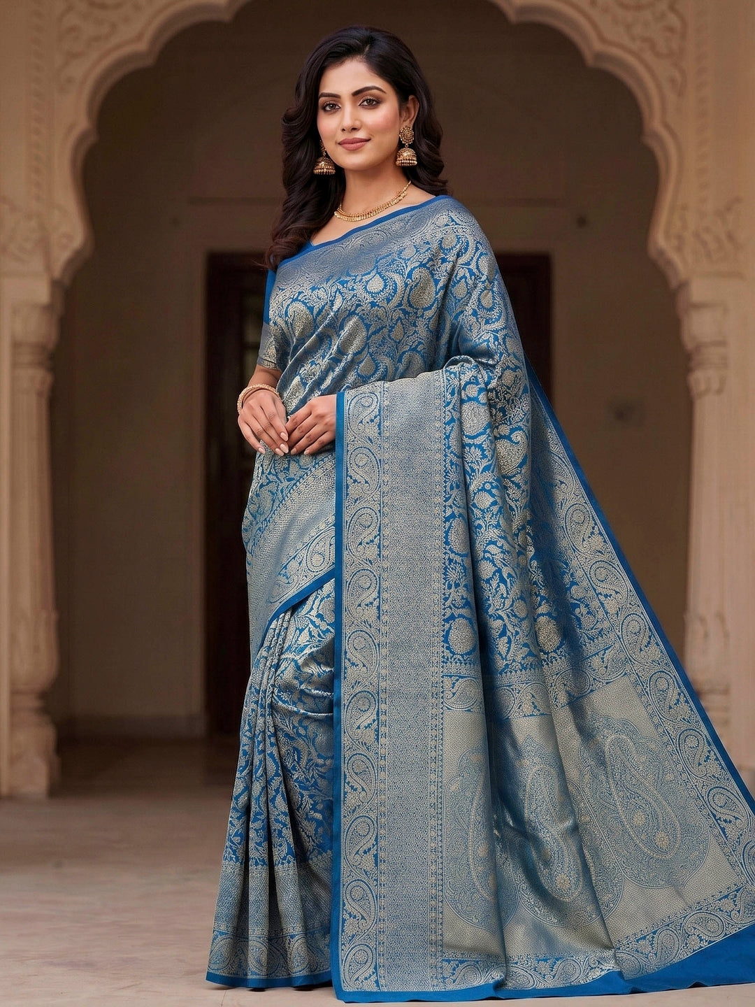 Dark Blue Woven Design Art Silk Kanjivaram Saree