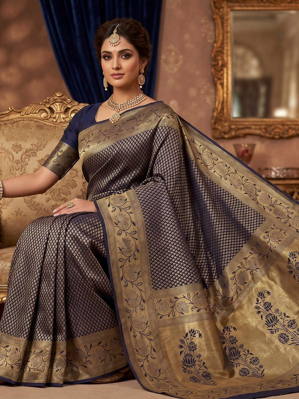 Navy Blue Woven Design Art Silk Kanjivaram Saree