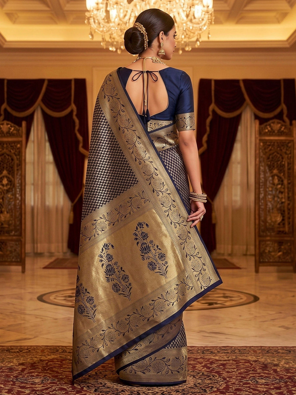Navy Blue Woven Design Art Silk Kanjivaram Saree