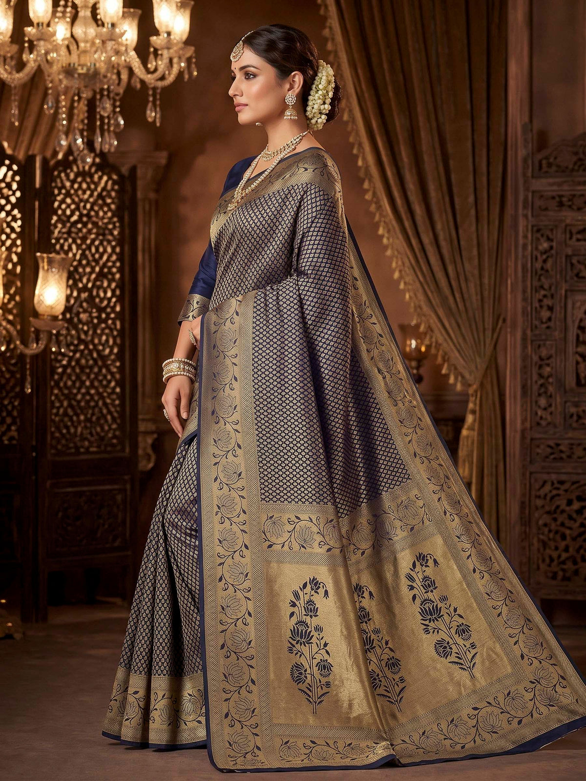 Navy Blue Woven Design Art Silk Kanjivaram Saree