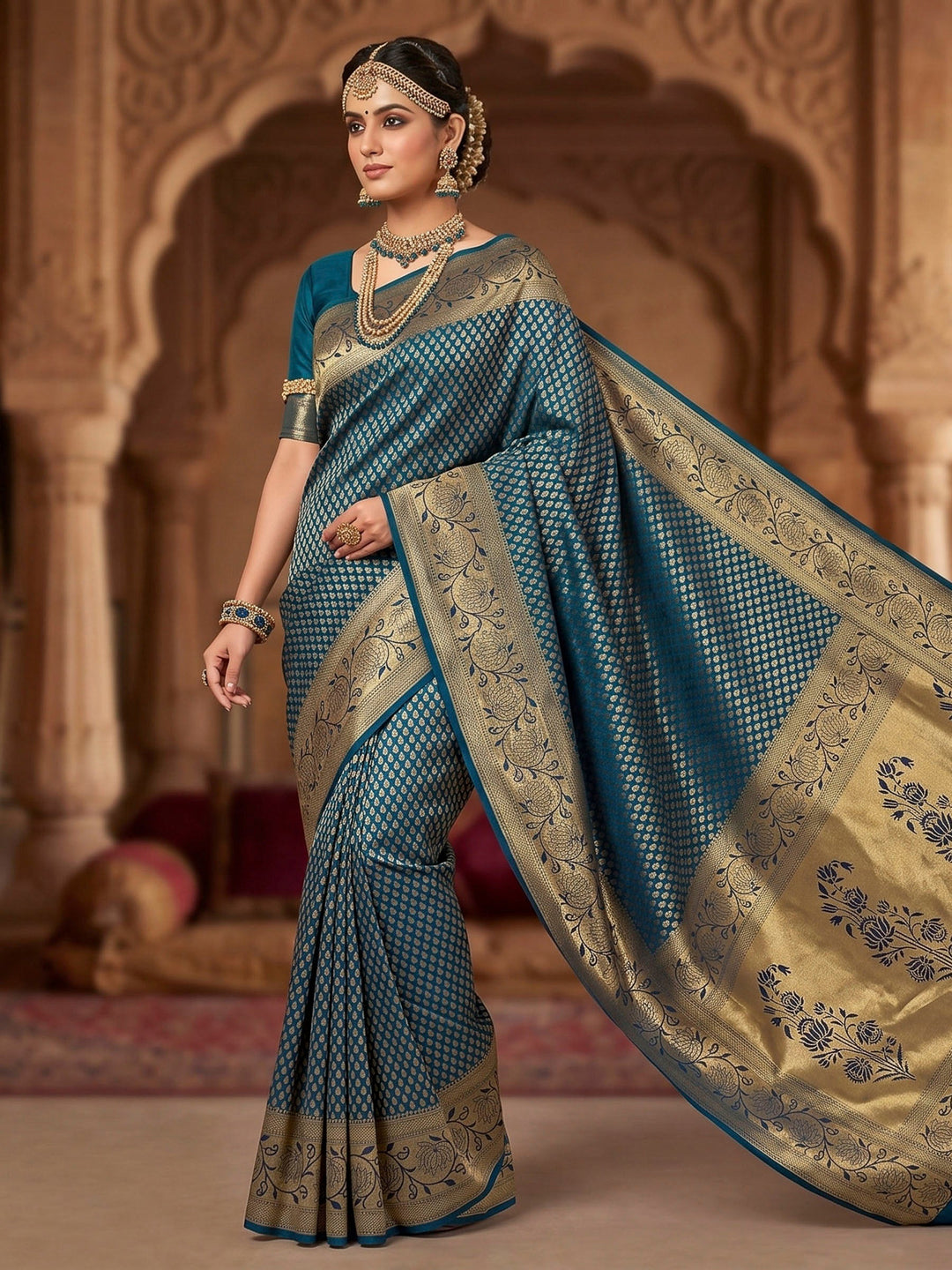 Peacock Blue Woven Design Art Silk Kanjivaram Saree