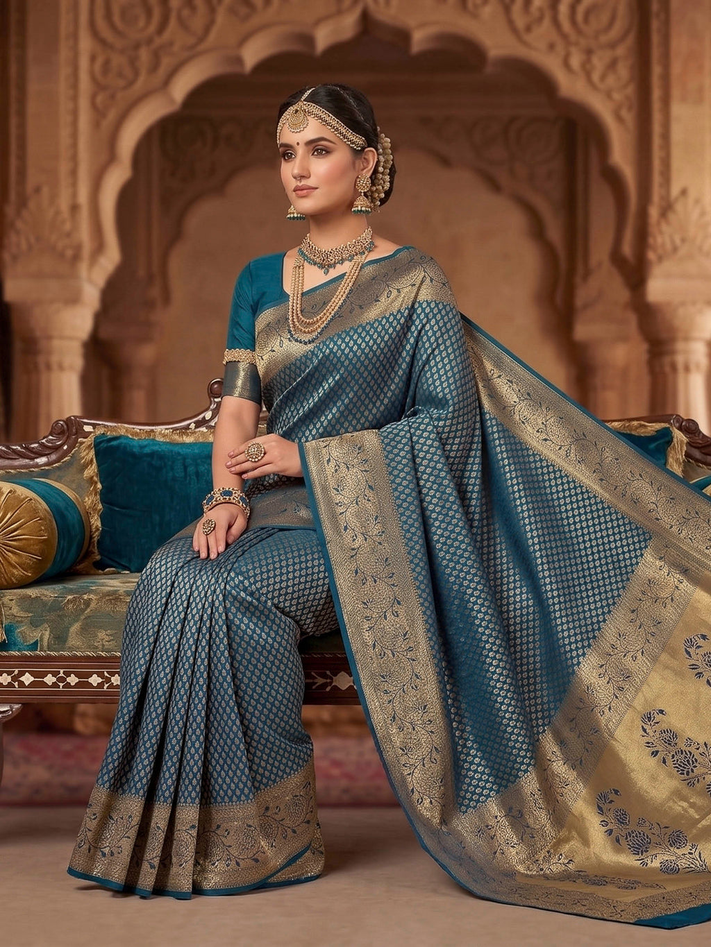 Peacock Blue Woven Design Art Silk Kanjivaram Saree