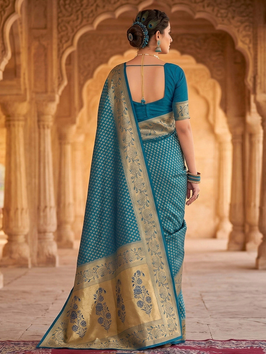 Peacock Blue Woven Design Art Silk Kanjivaram Saree