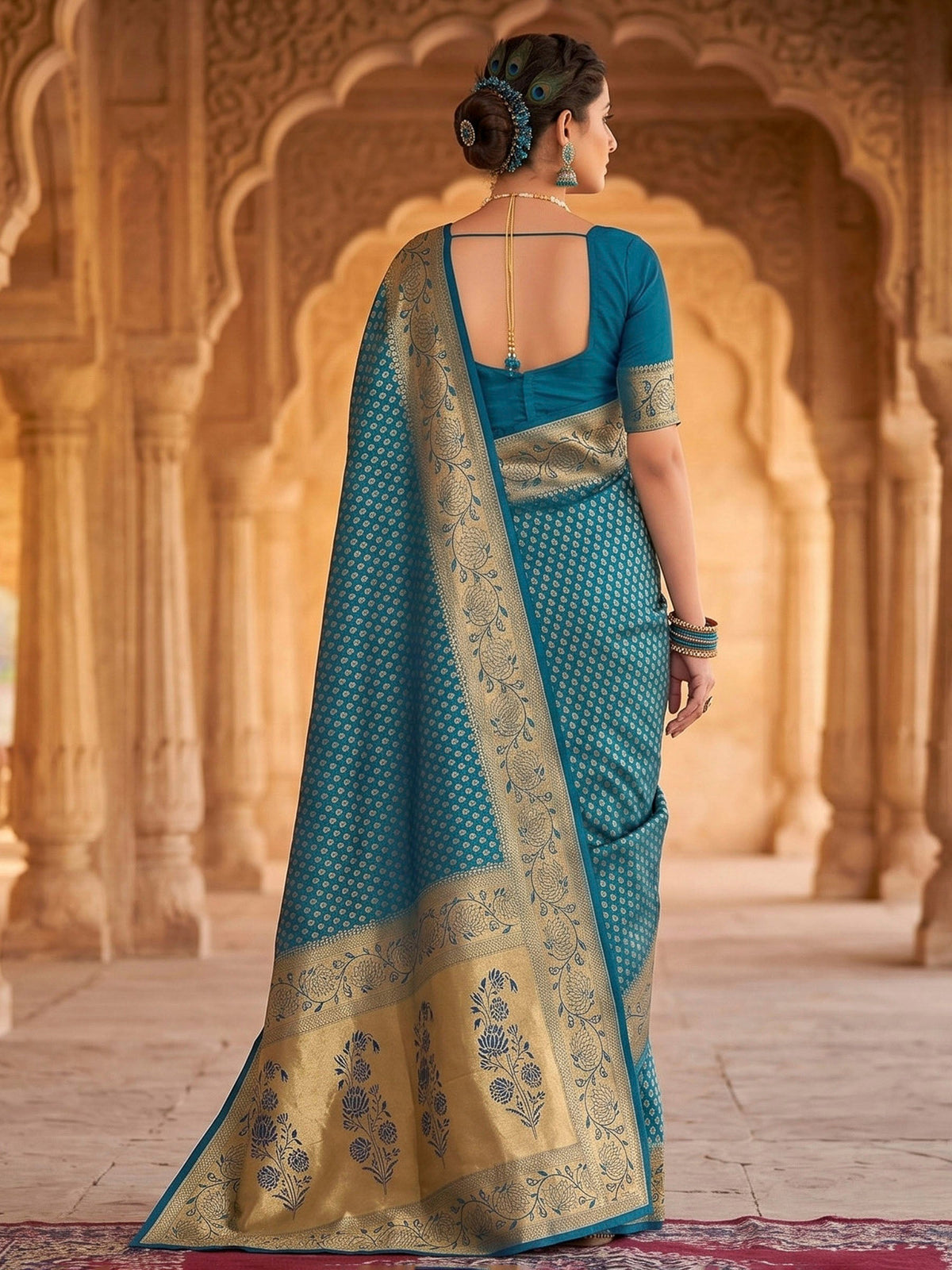 Peacock Blue Woven Design Art Silk Kanjivaram Saree