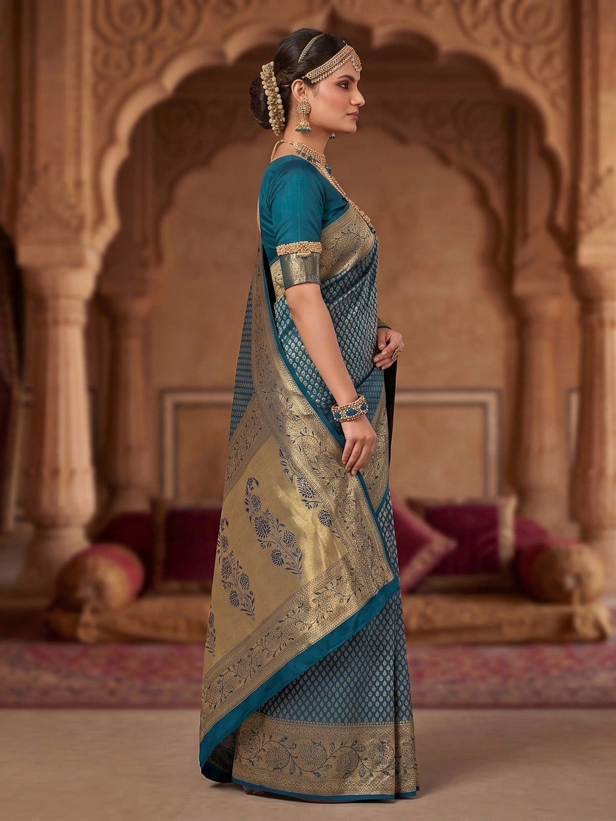 Peacock Blue Woven Design Art Silk Kanjivaram Saree