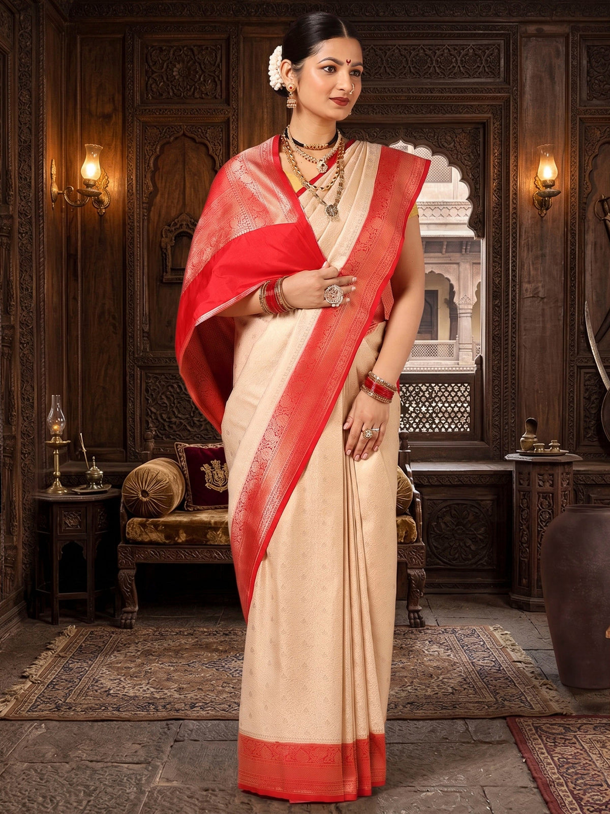 Off White Red Woven Design Kanjivaram Brocade Contrast Saree