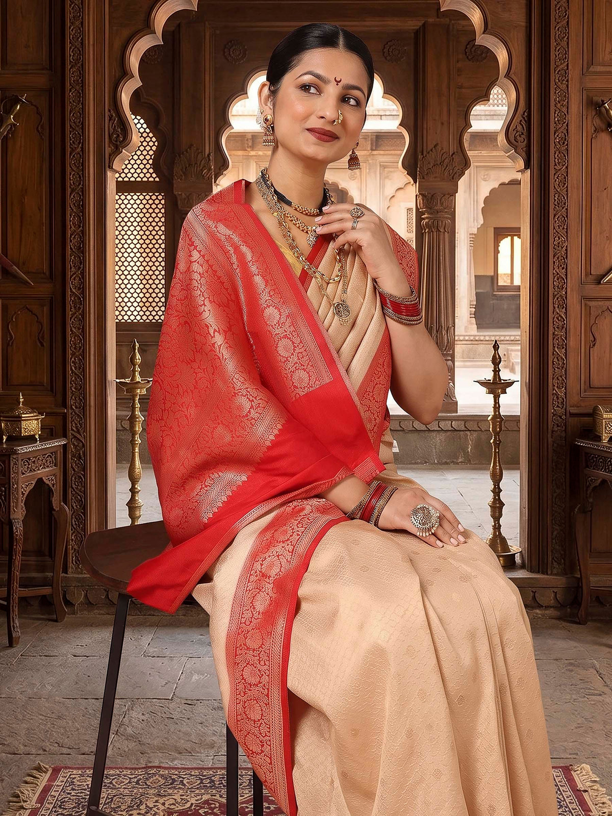 Off White Red Woven Design Kanjivaram Brocade Contrast Saree