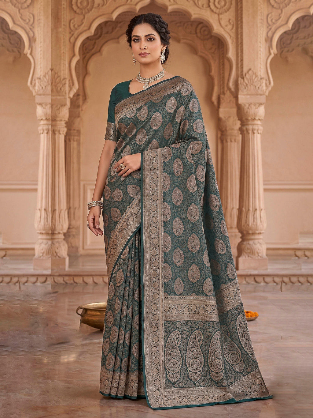 Bottle Green Woven Design Art Silk Kanjivaram Saree