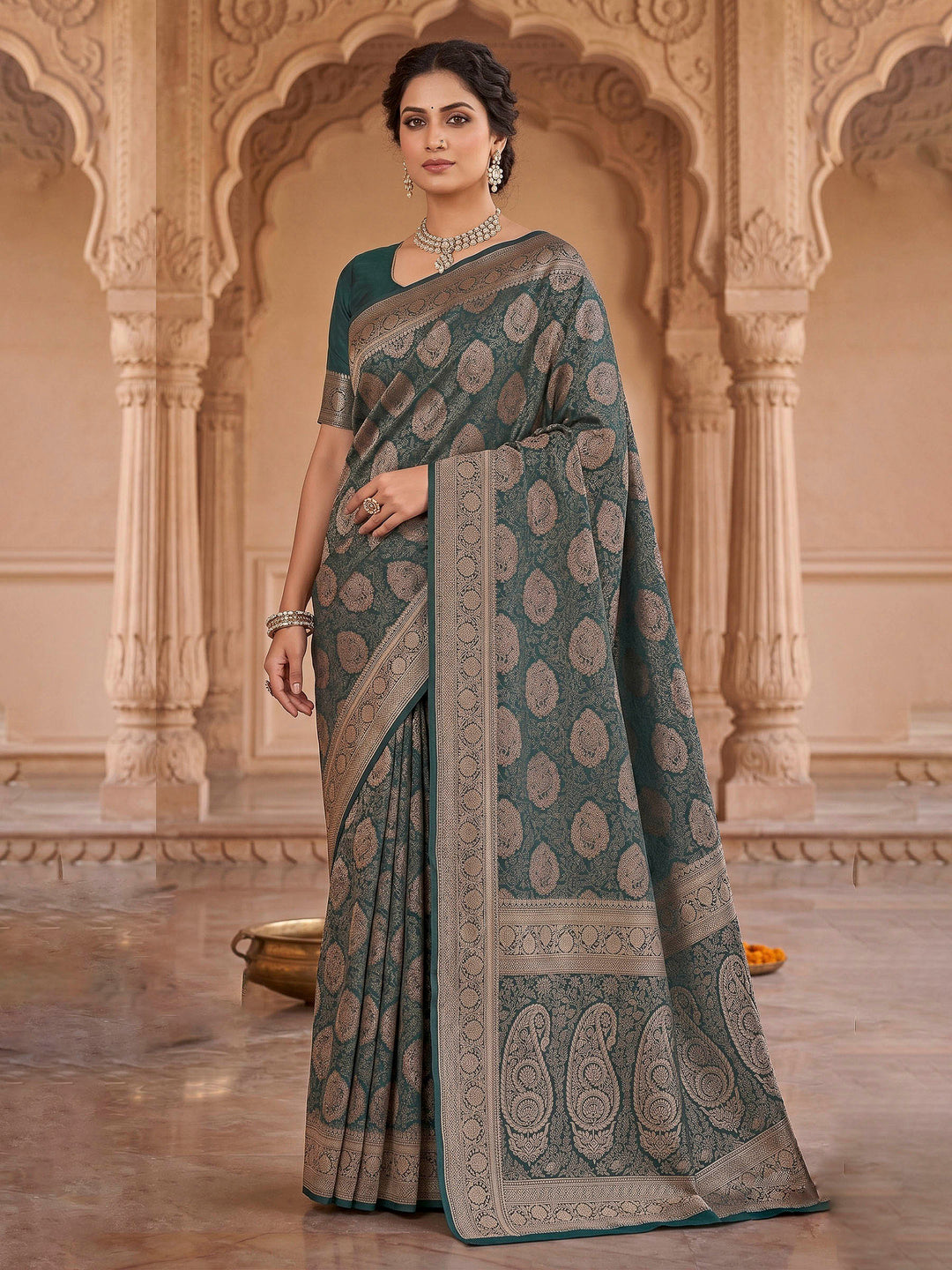 Bottle Green Woven Design Art Silk Kanjivaram Saree
