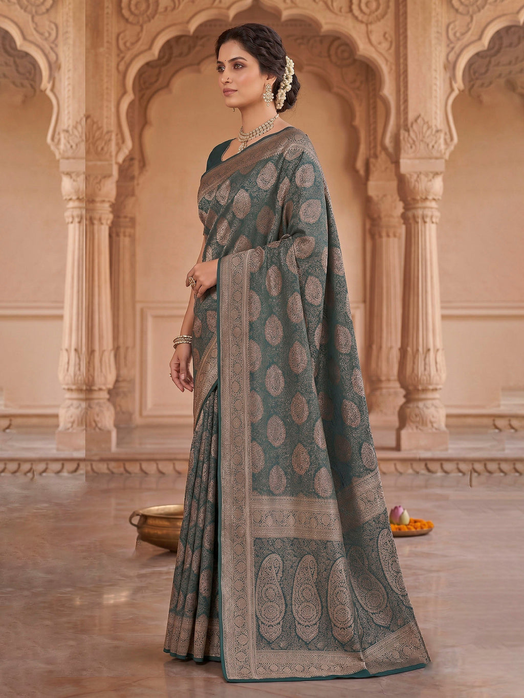 Bottle Green Woven Design Art Silk Kanjivaram Saree