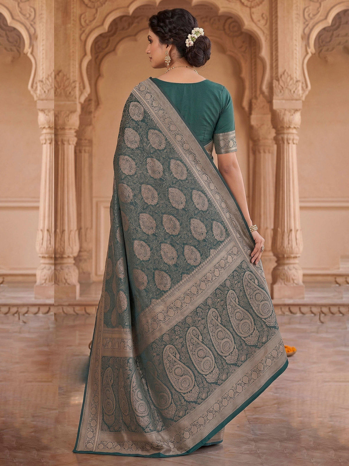 Bottle Green Woven Design Art Silk Kanjivaram Saree