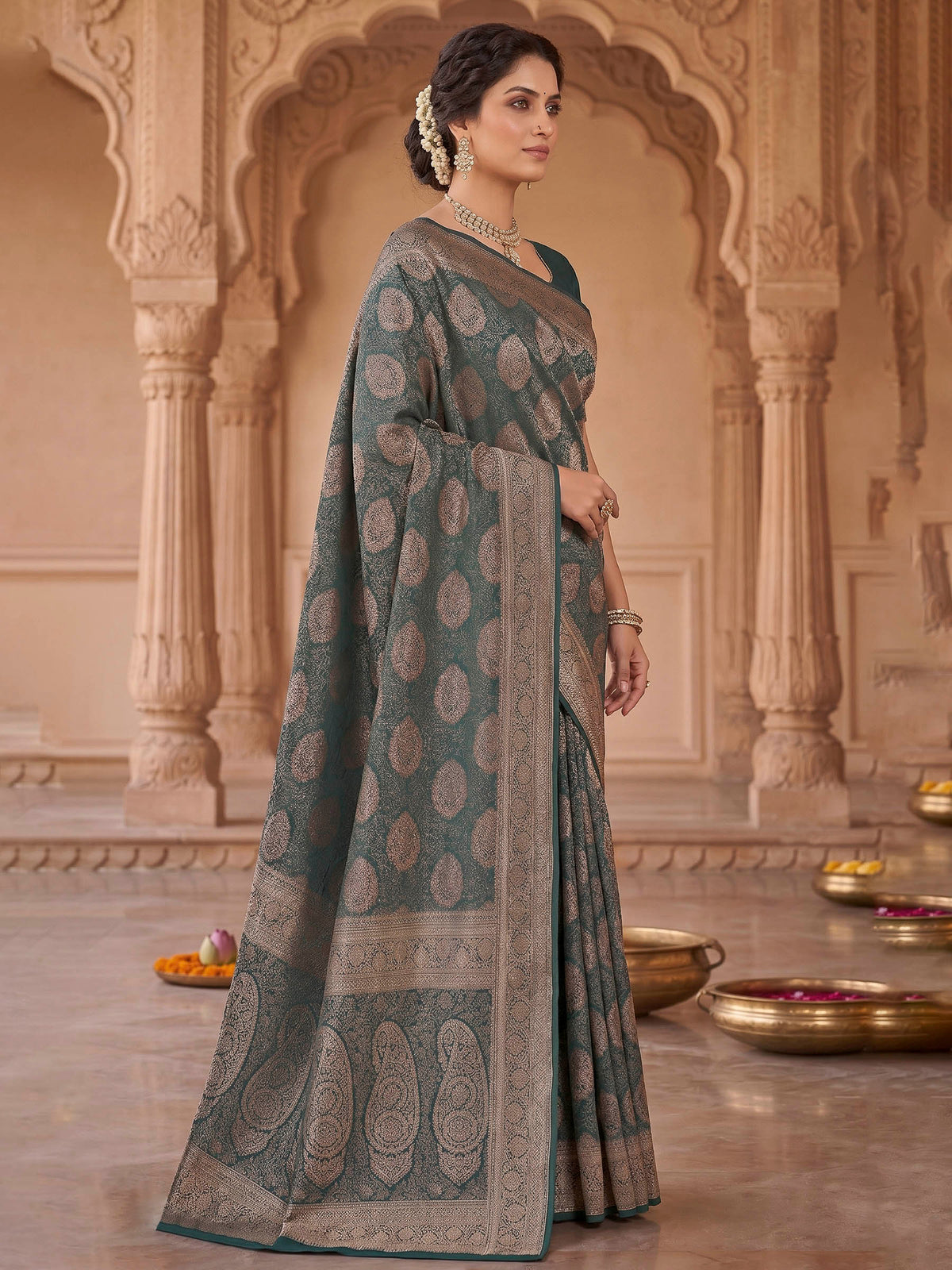 Bottle Green Woven Design Art Silk Kanjivaram Saree