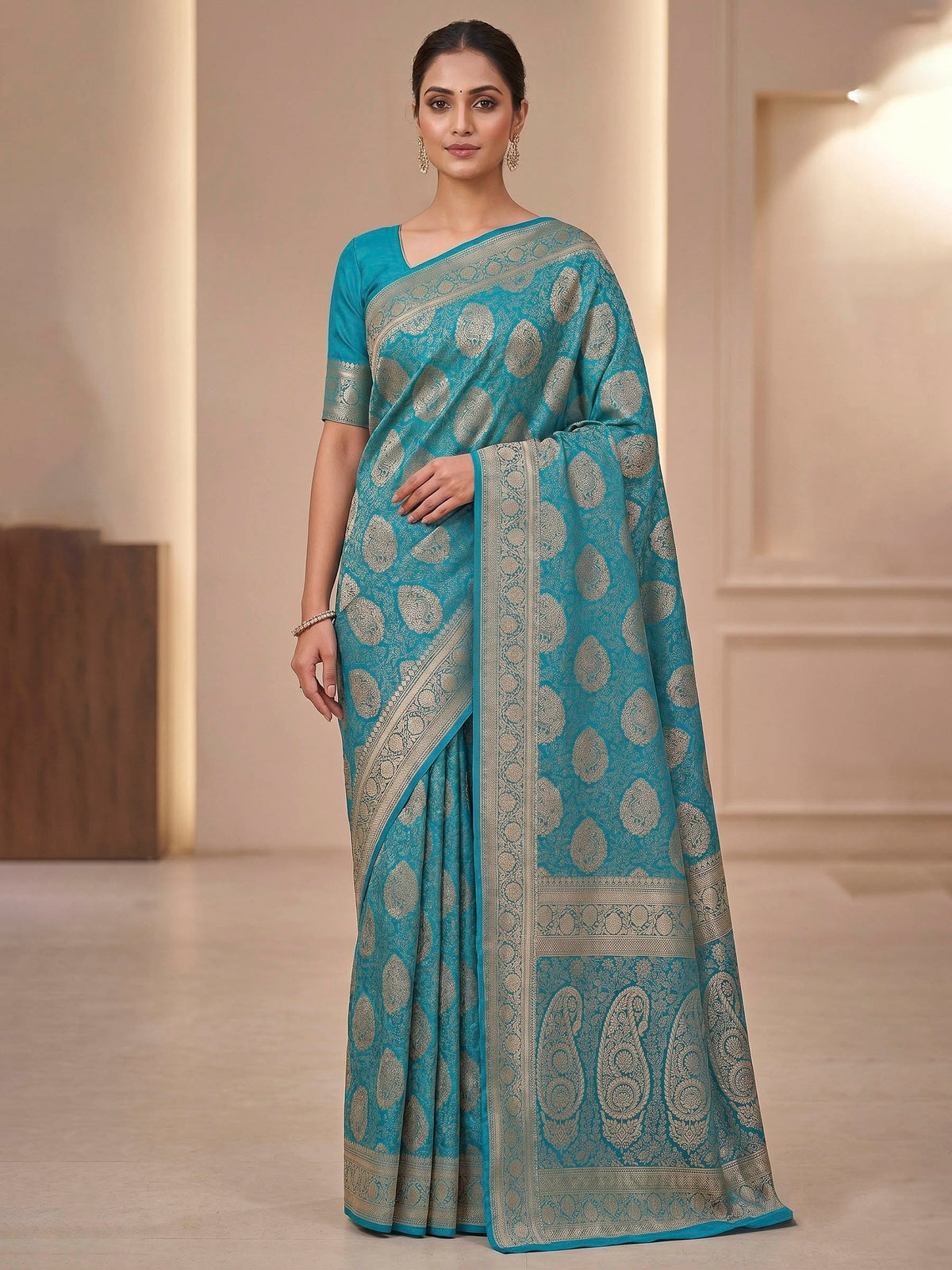 Lake Blue Woven Design Art Silk Kanjivaram Saree