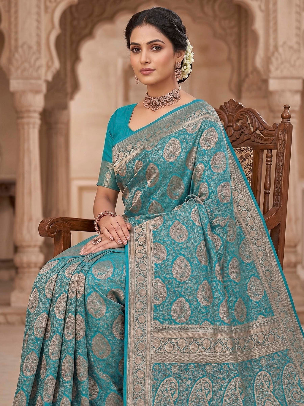 Lake Blue Woven Design Art Silk Kanjivaram Saree