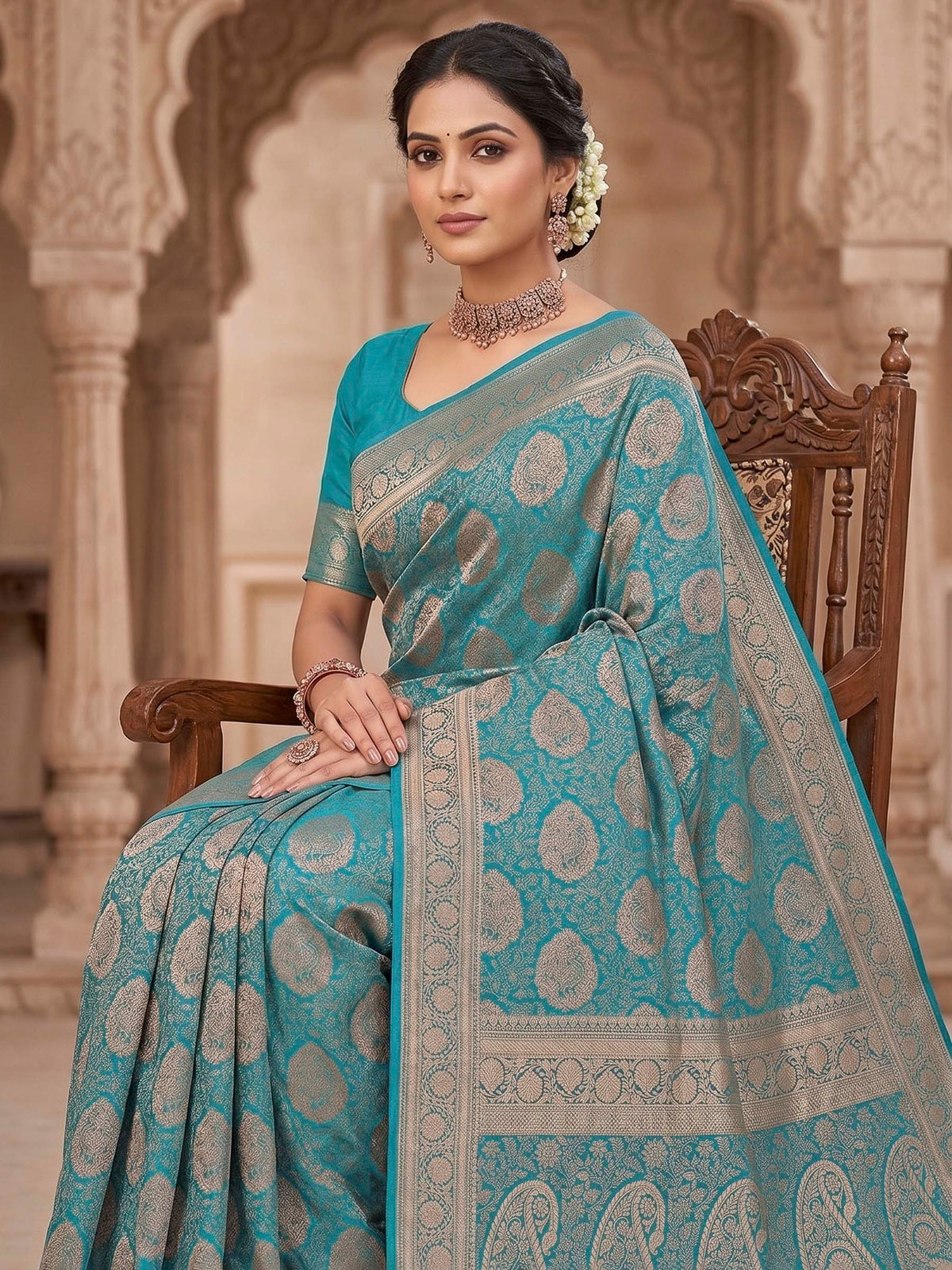 Lake Blue Woven Design Art Silk Kanjivaram Saree