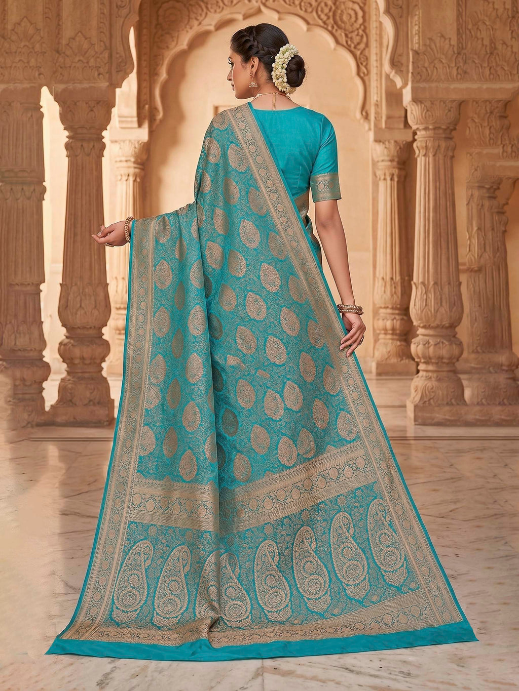 Lake Blue Woven Design Art Silk Kanjivaram Saree
