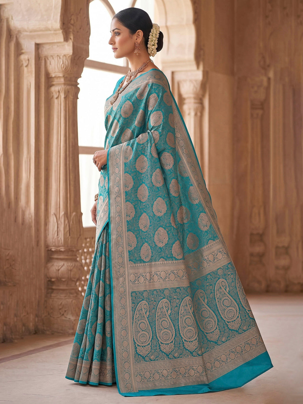 Lake Blue Woven Design Art Silk Kanjivaram Saree
