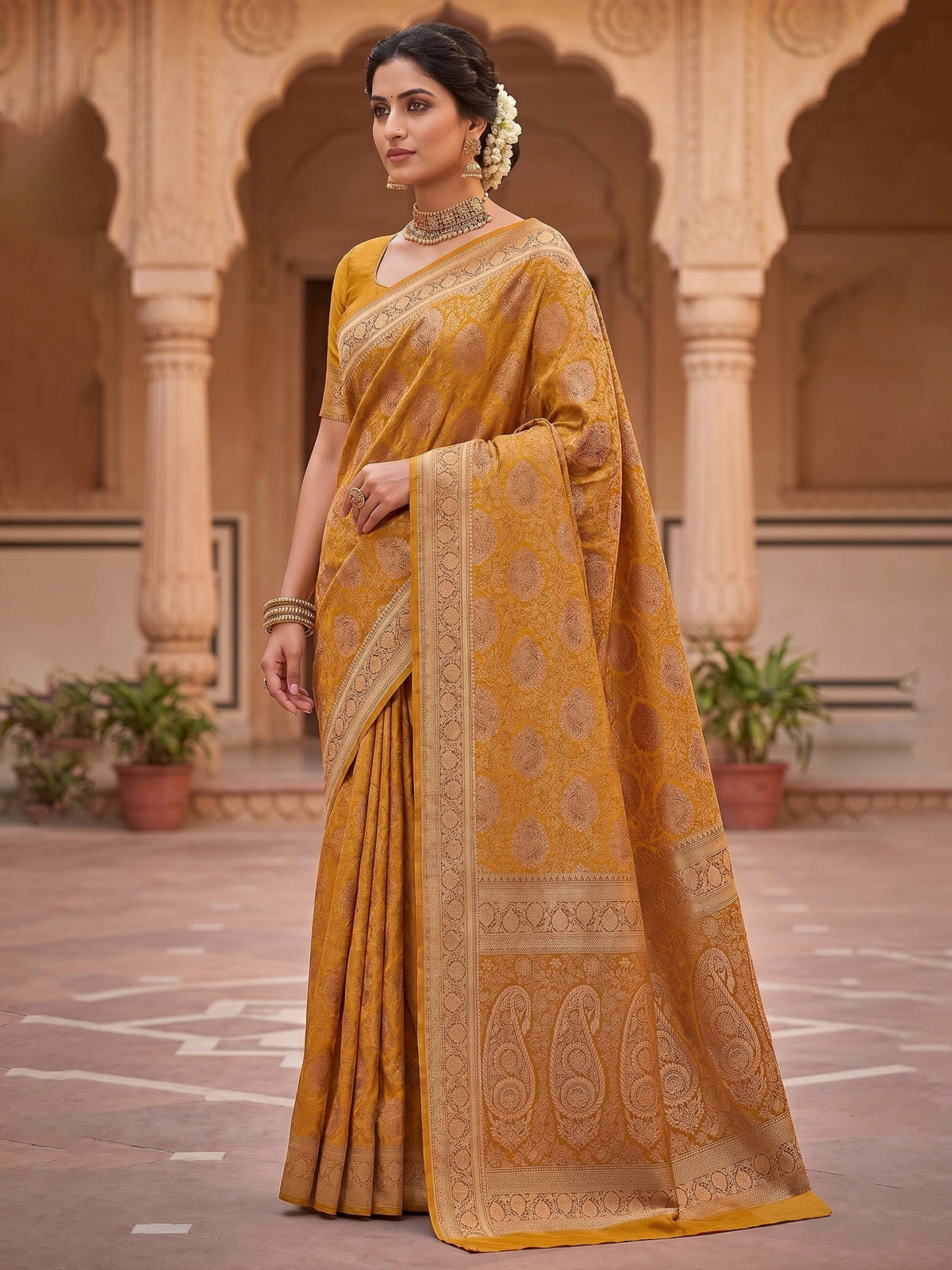 Mustard Woven Design Art Silk Kanjivaram Saree
