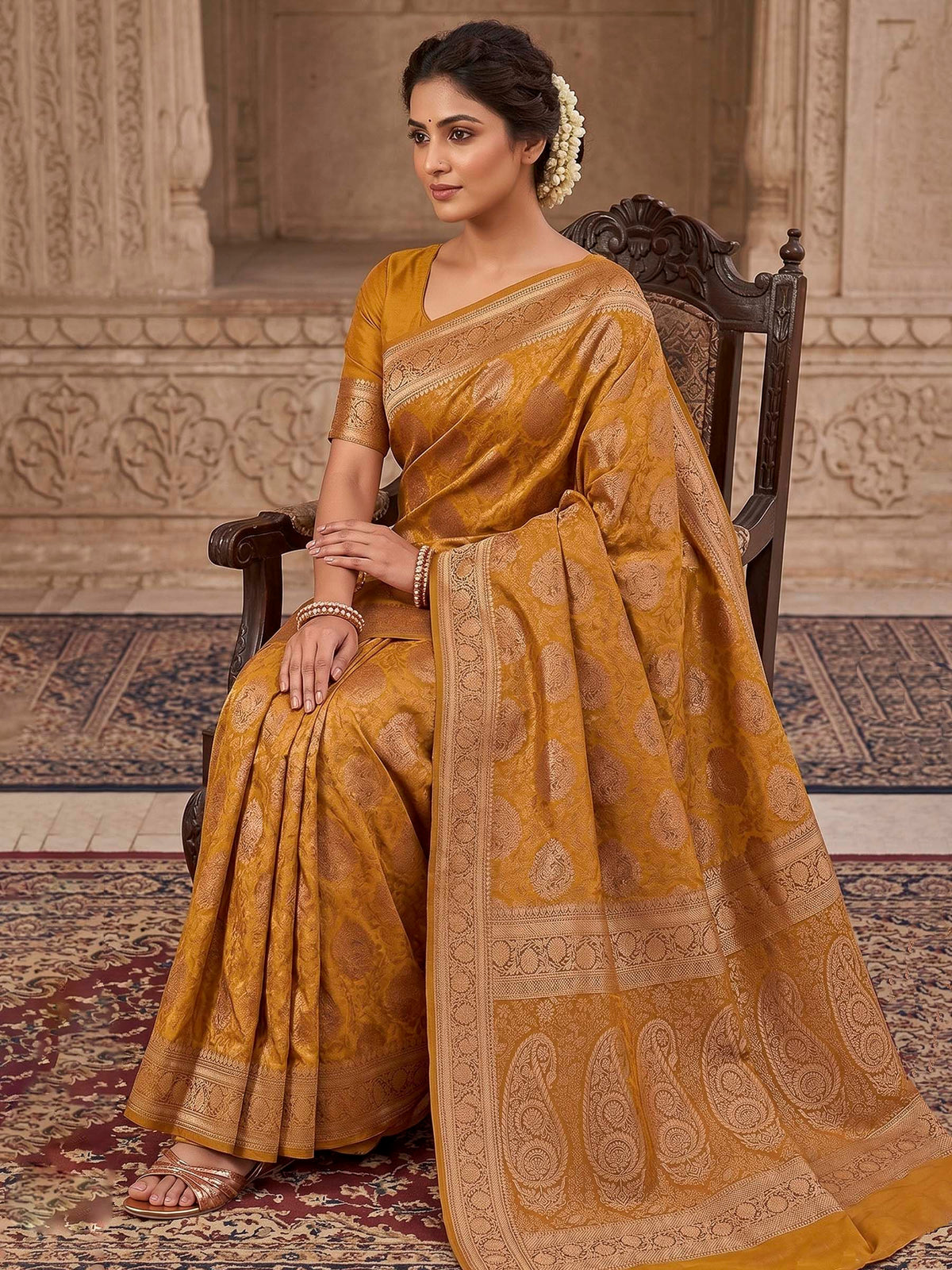Mustard Woven Design Art Silk Kanjivaram Saree