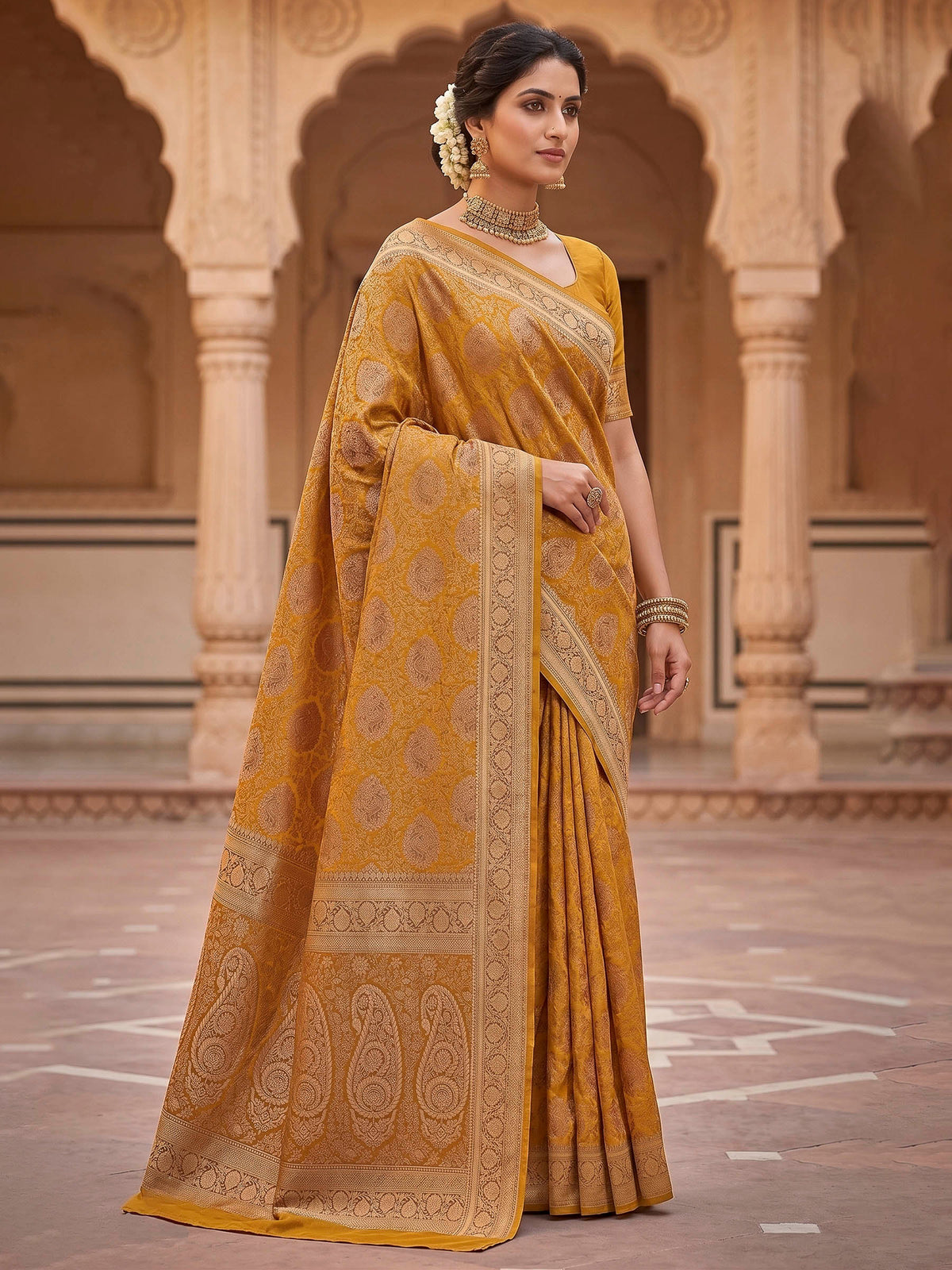 Mustard Woven Design Art Silk Kanjivaram Saree